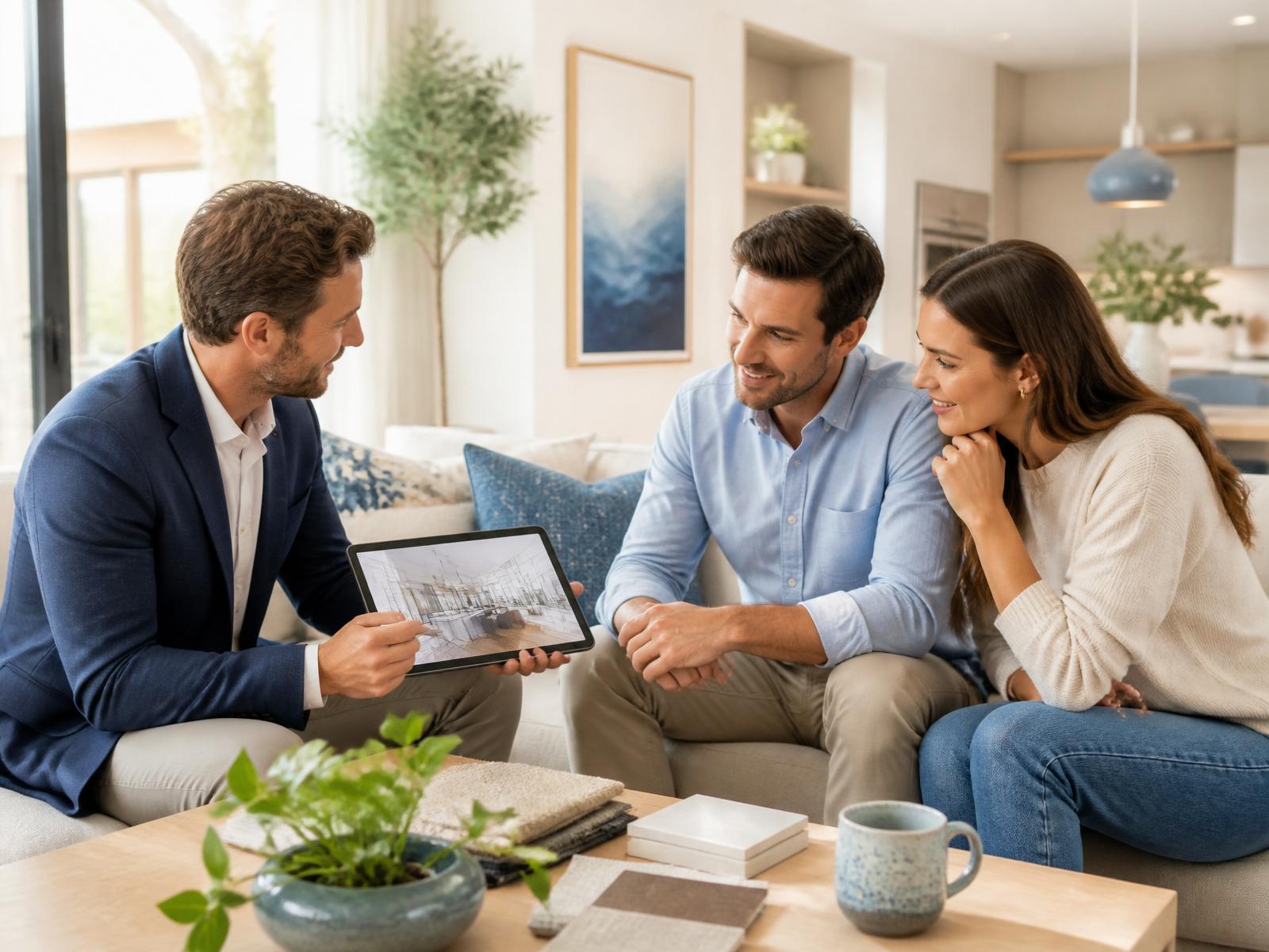 Une conseillère Projetalia présente un projet de rénovation sur une tablette à un couple dans leur salon